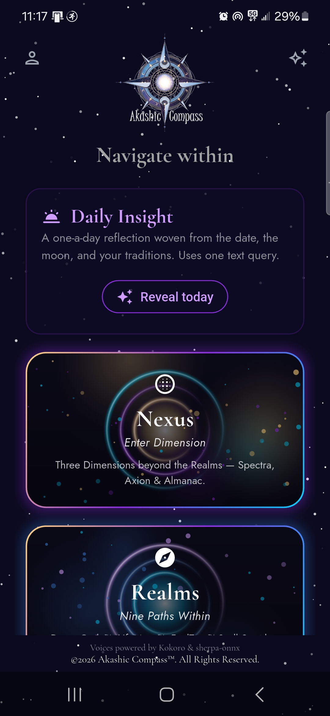Daily Insight and Nexus screen in Akashic Compass