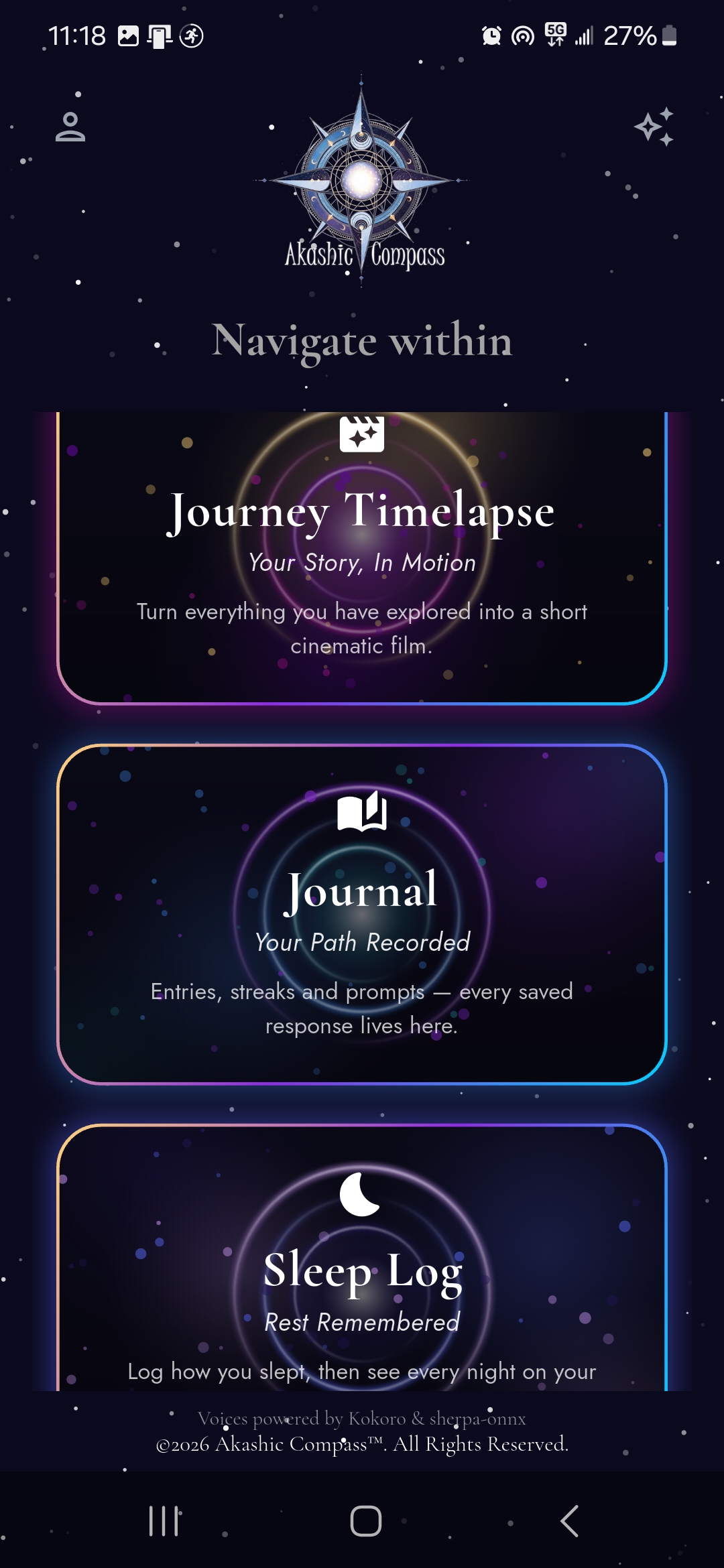 Akashic Compass journey and journal screen
