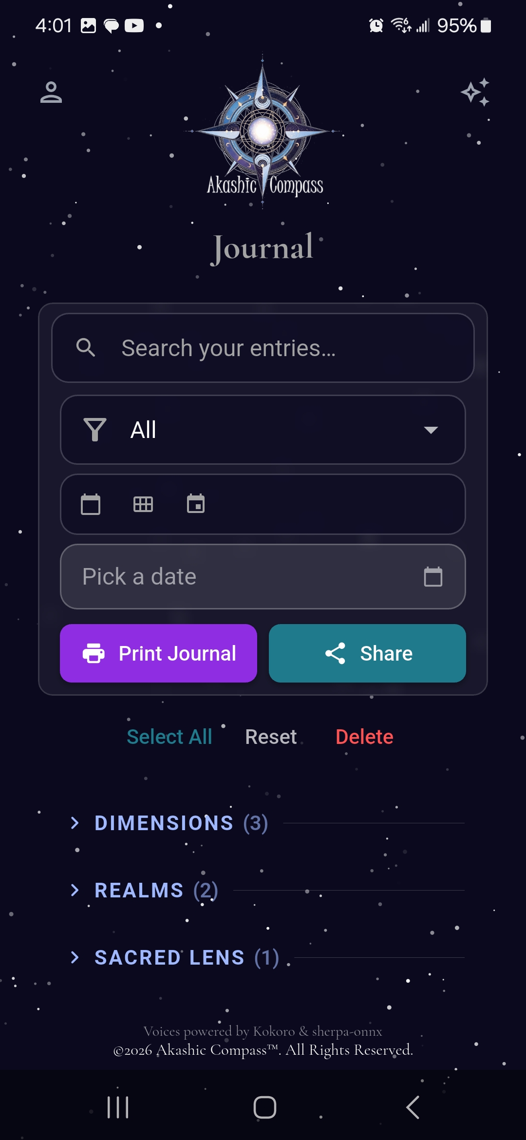The Journal in Akashic Compass with search, filters, date selection, printing, sharing, and grouped entries