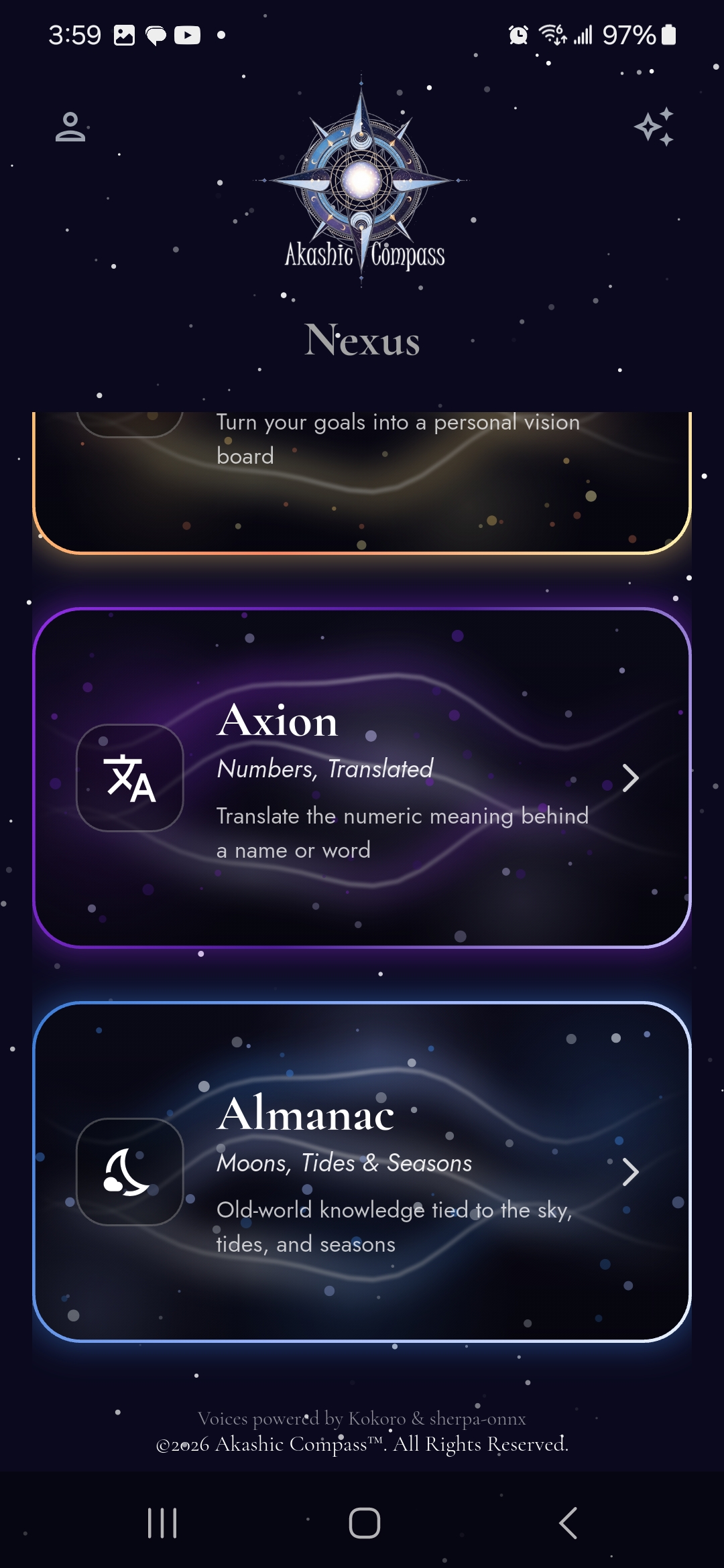 Nexus screen showing the Axion and Almanac Dimensions