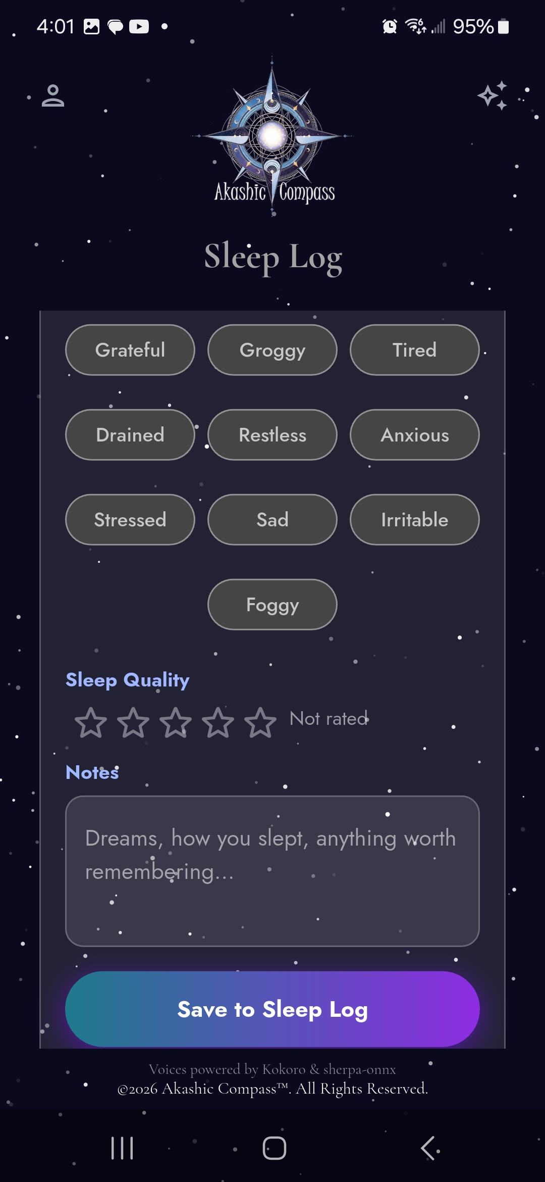 Sleep Log screen for selecting morning feelings, rating sleep quality, and adding notes